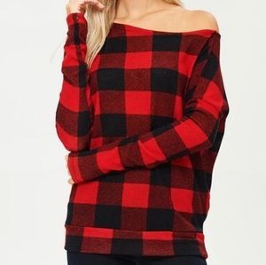 Off the Shoulder Long Sleeve Red Plaid Top